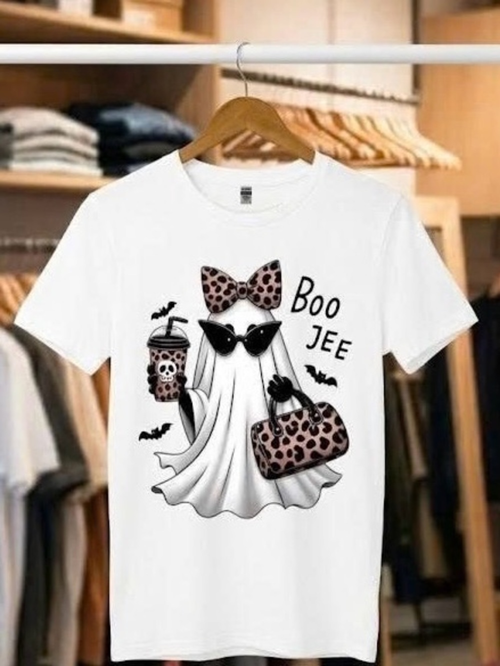 Boo Jee Ghost T-Shirt Boujee Leopard Print Bow Halloween Coffee Graphic Tee